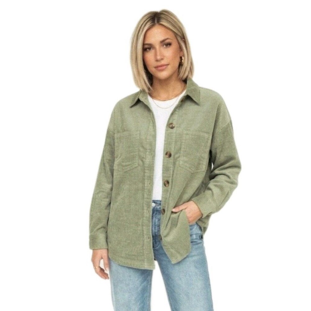 Matty M Women's L Corduroy Long Sleeve Shirt Jacket Shacket Button Up Green